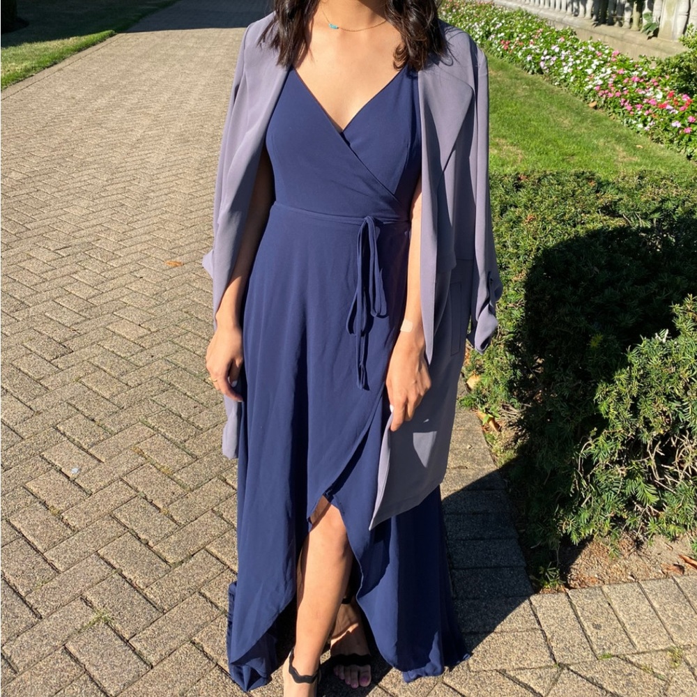Lulus Navy High-Low Wrap Dress in XS